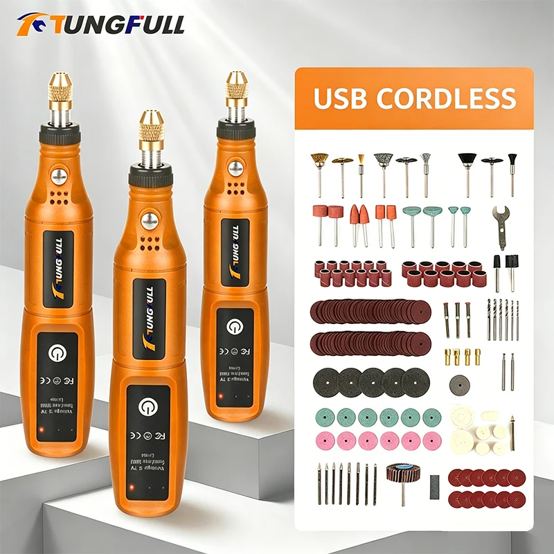 Power Tools Kits - TUNGFULL เครื่องเจียรไฟฟ้าขนาดเล็กแบบไร้สาย เครื่องเจาะไฟฟ้าแบบชาร์จได้พร้อมชุดเครื่องมือ ชุดเครื่องมือแกะสลักไม้ ปากกาเจาะ