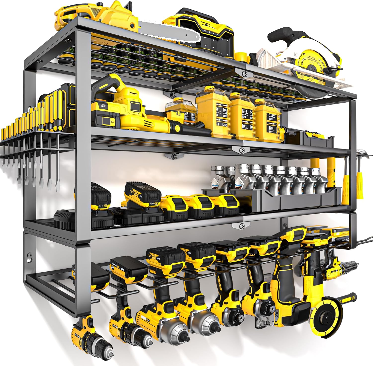 Power Tools Toolstation - ที่แขวนเครื่องมือไฟฟ้าขนาดใหญ่ติดผนัง, ชั้นวางเก็บสว่านไร้สายโลหะแข็งแรงทนทานพร้อมสถานีชาร์จแบตเตอรี่, ชั้นวางอเนกประสงค์สำหรับจัดระเบียบโรงรถ, ที่แขวนสว่าน 4 ชั้น